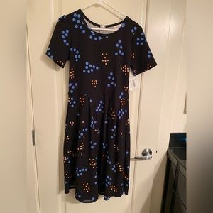 Lularoe Amelia L dress. Colors: black/light blue/peach. New with tags